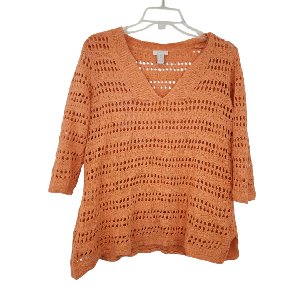 Chico's Size 2 Open Knit Sweater Sherbert Orange, 3/4 Sleeve, Spring Sweater